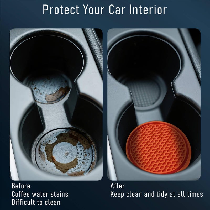 KULOLO Car Cup Holder Coaster 4 Pack - Non Slip & Shockproof,Flexible PVC Rubber Insert for Car/Truck/SUV/Van (2.75"x0.2") Universal Fit Auto Cup Holders Accessories for Women and Man (Orange) - Image 4